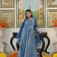 Marshall Blue Printed Anakali Suit Set with Dupatta