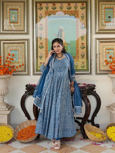 Marshall Blue Printed Anakali Suit Set with Dupatta