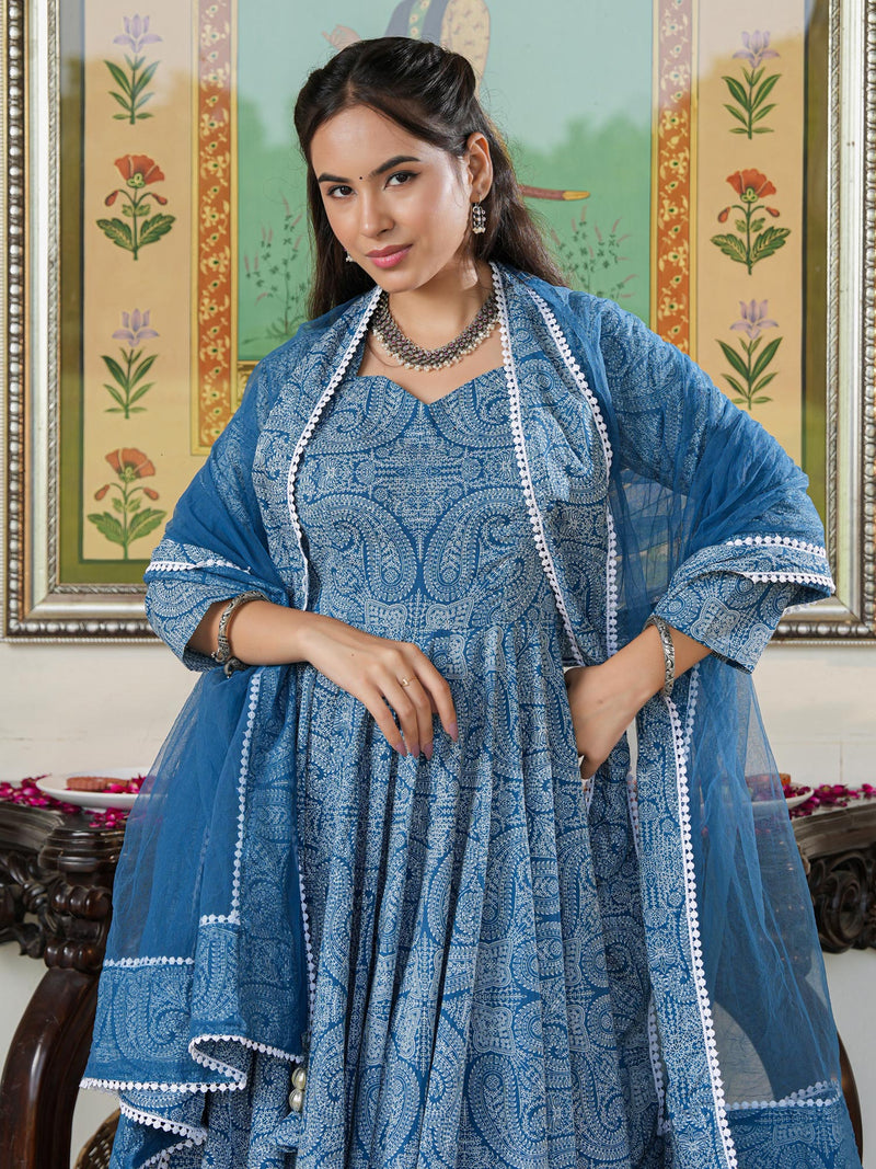 Marshall Blue Printed Anakali Suit Set with Dupatta