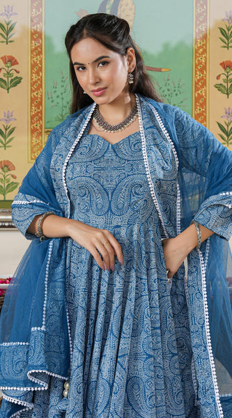 Marshall Blue Printed Anakali Suit Set with Dupatta