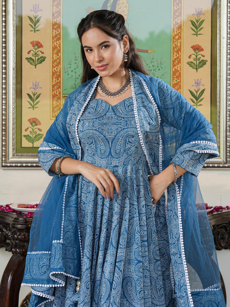 Marshall Blue Printed Anakali Suit Set with Dupatta