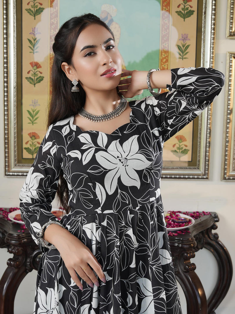 Embellished Black Floral Print Anakali Suit Set with Dupatta