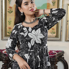 Embellished Black Floral Print Anakali Suit Set with Dupatta