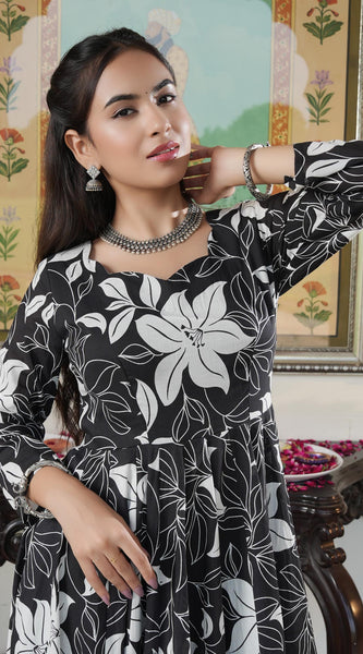 Embellished Black Floral Print Anakali Suit Set with Dupatta