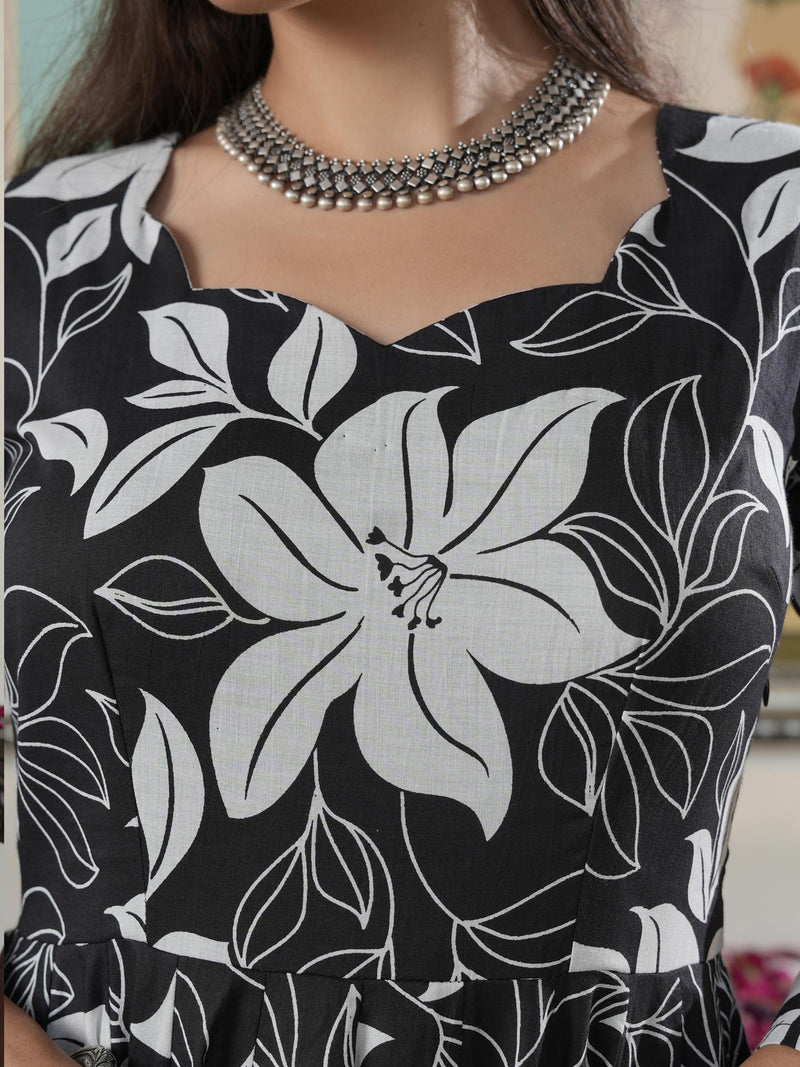 Embellished Black Floral Print Anakali Suit Set with Dupatta