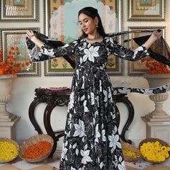 Embellished Black Floral Print Anakali Suit Set with Dupatta