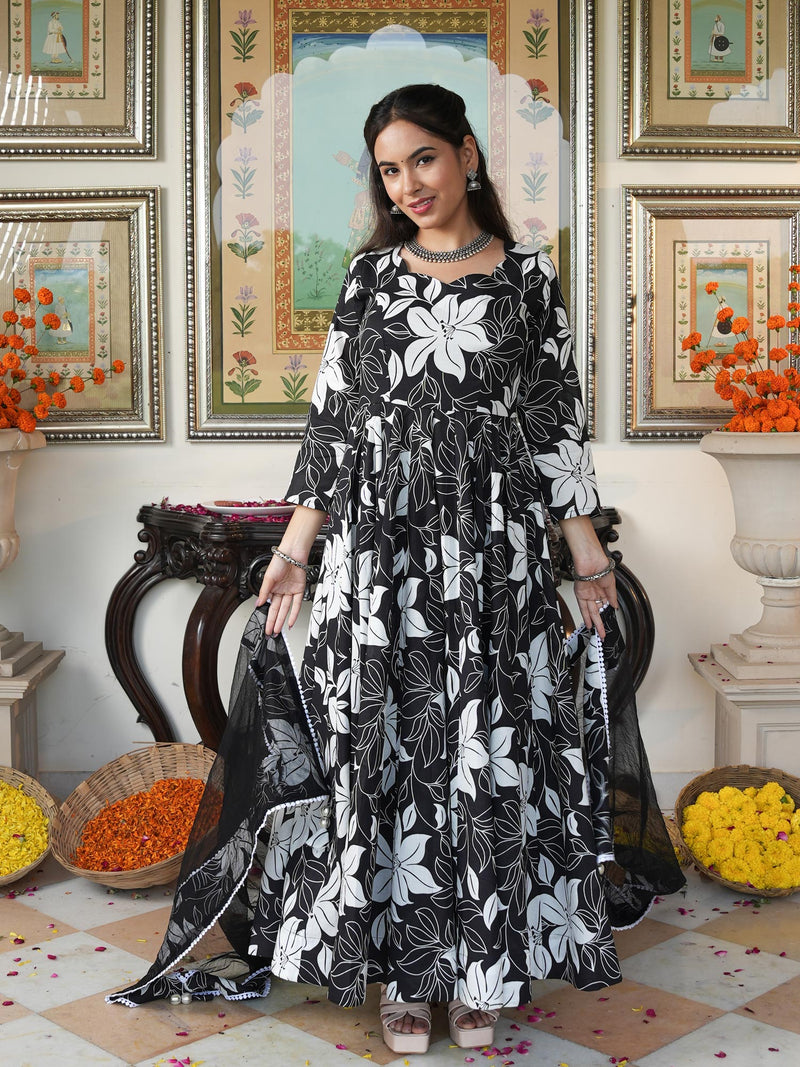 Embellished Black Floral Print Anakali Suit Set with Dupatta