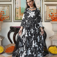 Embellished Black Floral Print Anakali Suit Set with Dupatta
