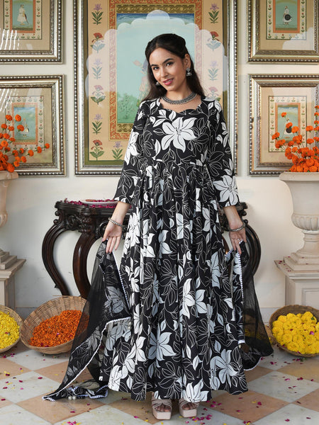 Embellished Black Floral Print Anakali Suit Set with Dupatta