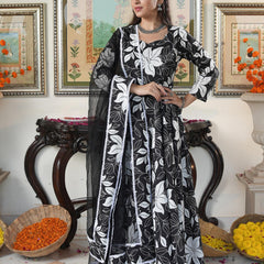 Embellished Black Floral Print Anakali Suit Set with Dupatta