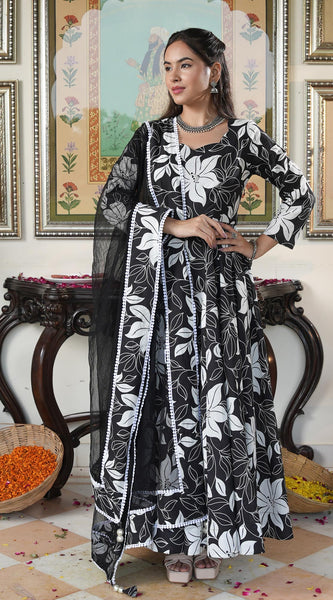 Embellished Black Floral Print Anakali Suit Set with Dupatta
