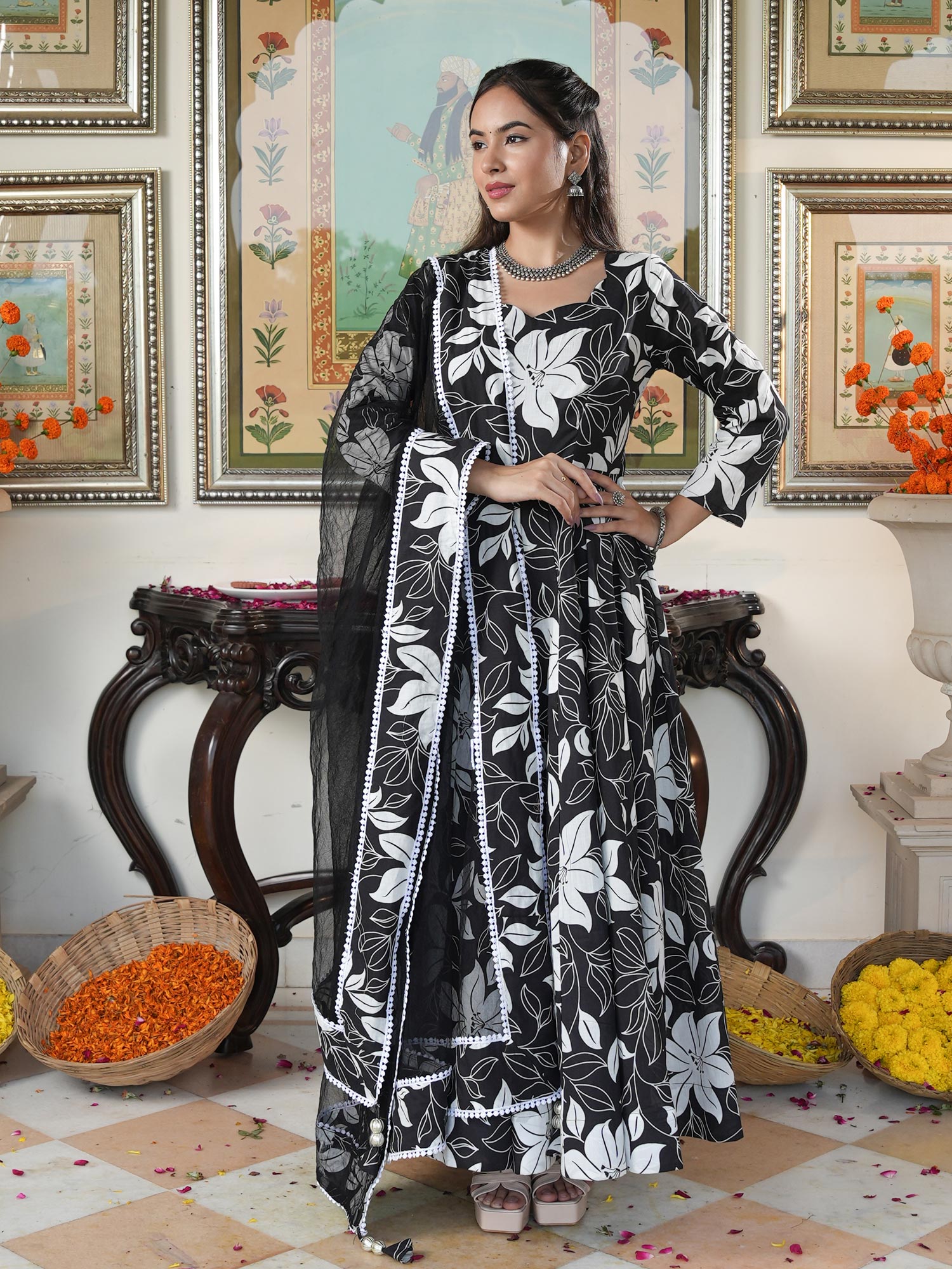 Embellished Black Floral Print Anakali Suit Set with Dupatta - Indianvirasat