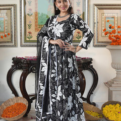 Embellished Black Floral Print Anakali Suit Set with Dupatta