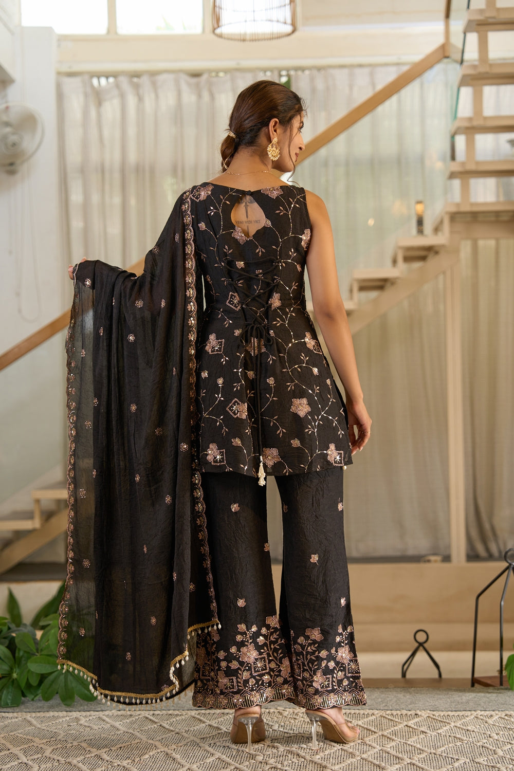 Indianvirasat Zivara Noir Heritage Kurta Set with intricate embroidery and traditional design, displayed on a mannequin.