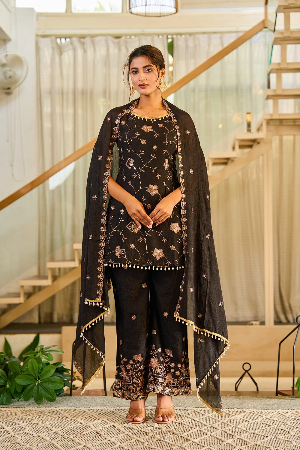 Elegant Zivara Noir Heritage Kurta Set by Indianvirasat featuring intricate embroidery and traditional design in deep black fabric.