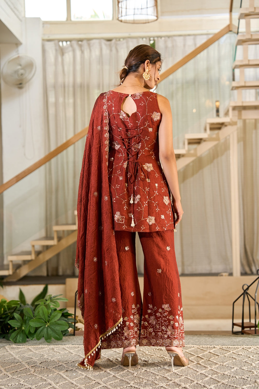 Rust-colored Zarmina embroidered kurta set with intricate embroidery, stylish traditional Indianvirasat kurta sets for festive wear.