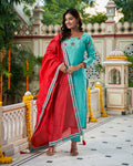 Indianvirasat Aqua Meher Kurta Set with intricate embroidery, featuring a long kurta and matching bottoms on a hanger.