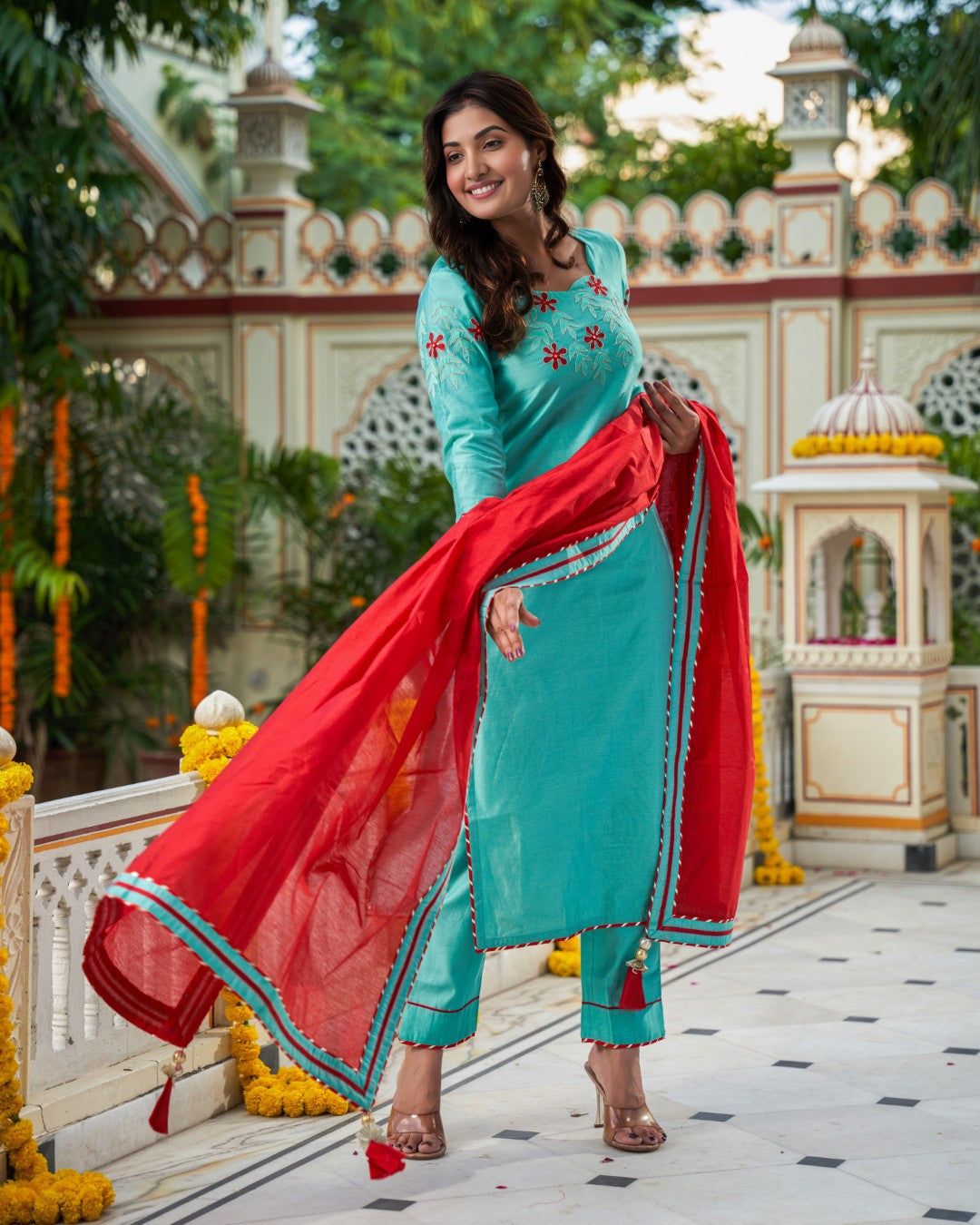 Indianvirasat Aqua Meher Kurta Set featuring a vibrant, traditional design with intricate embroidery and matching dupatta.