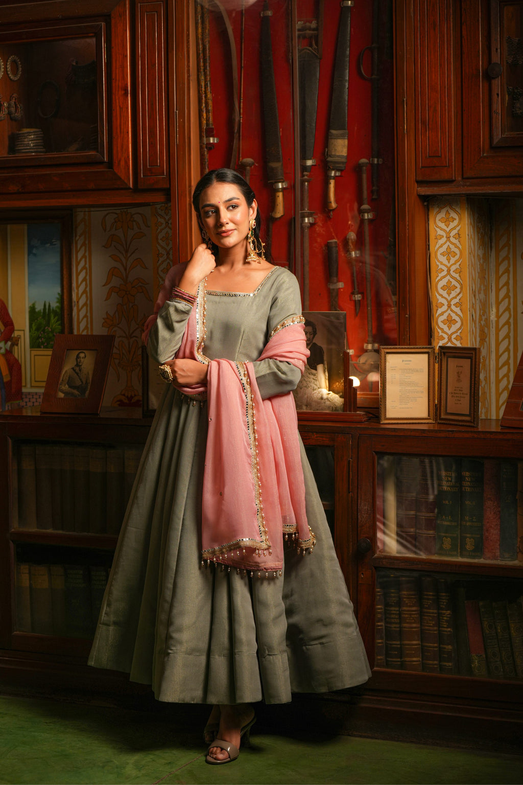 Gul-e-Shaam Sage Grey Anarkali Suit Set