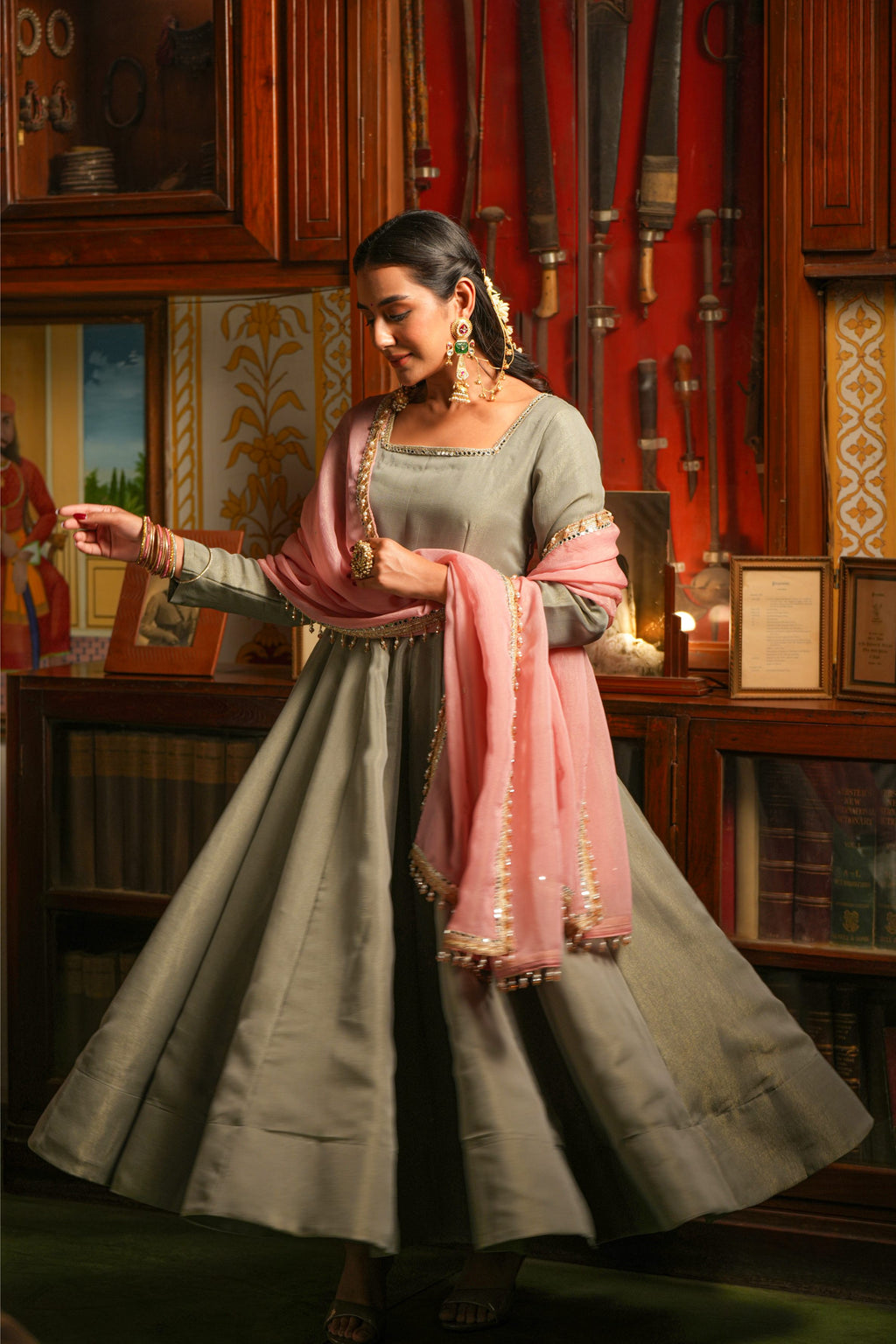 Gul-e-Shaam Sage Grey Anarkali Suit Set
