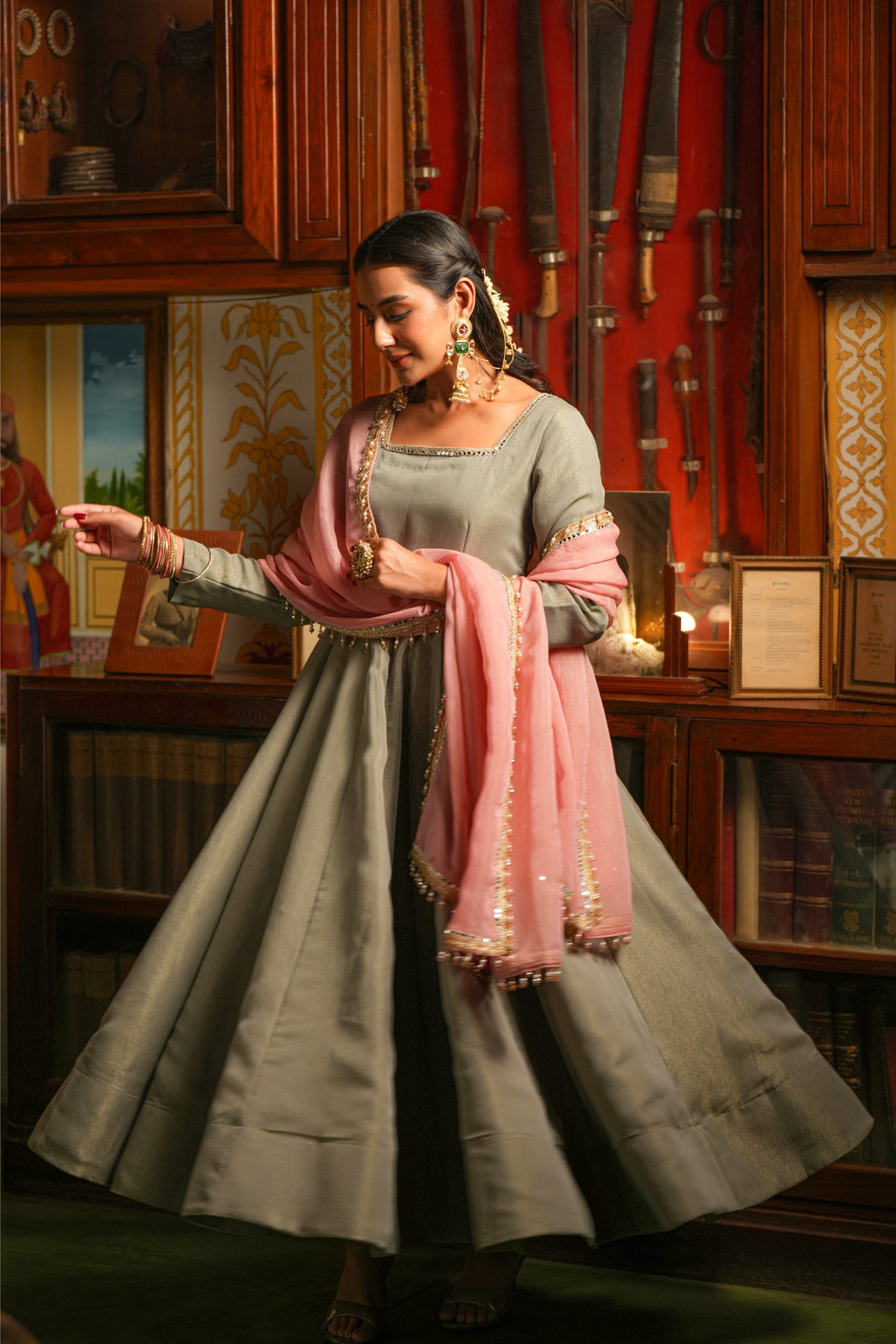 Gul-e-Shaam Sage Grey Anarkali Suit Set
