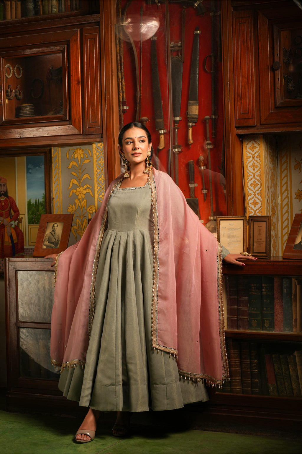 Gul-e-Shaam Sage Grey Anarkali Suit Set