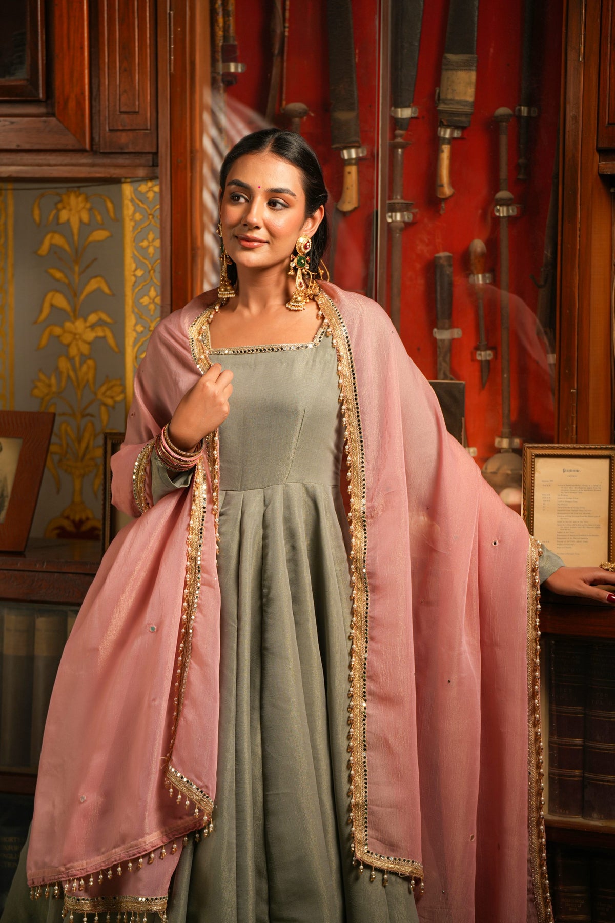 Gul-e-Shaam Sage Grey Anarkali Suit Set