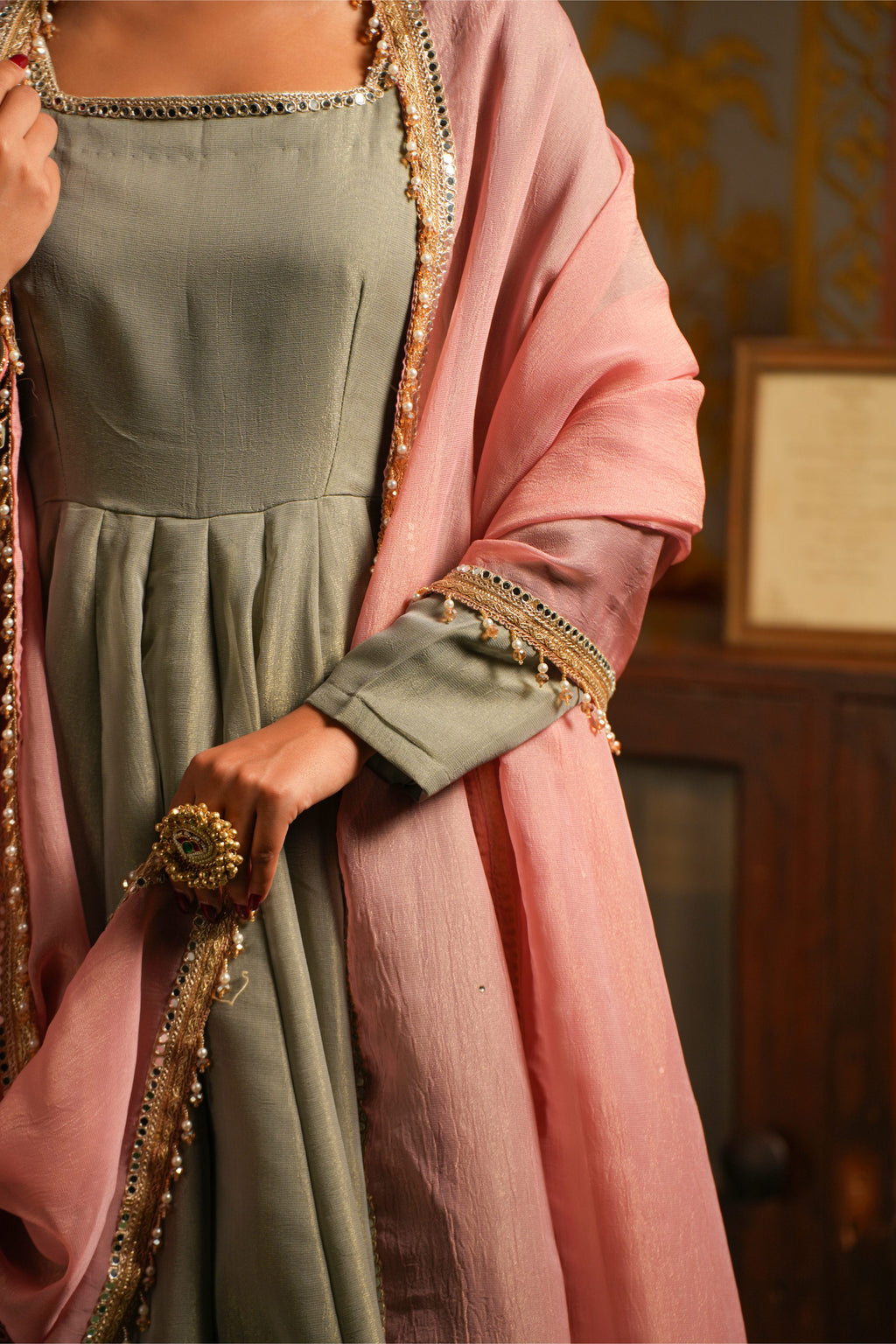 Gul-e-Shaam Sage Grey Anarkali Suit Set