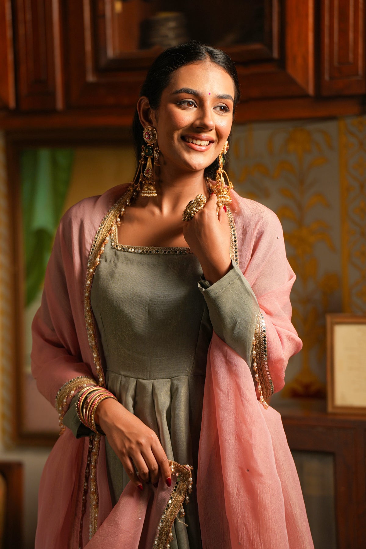 Gul-e-Shaam Sage Grey Anarkali Suit Set