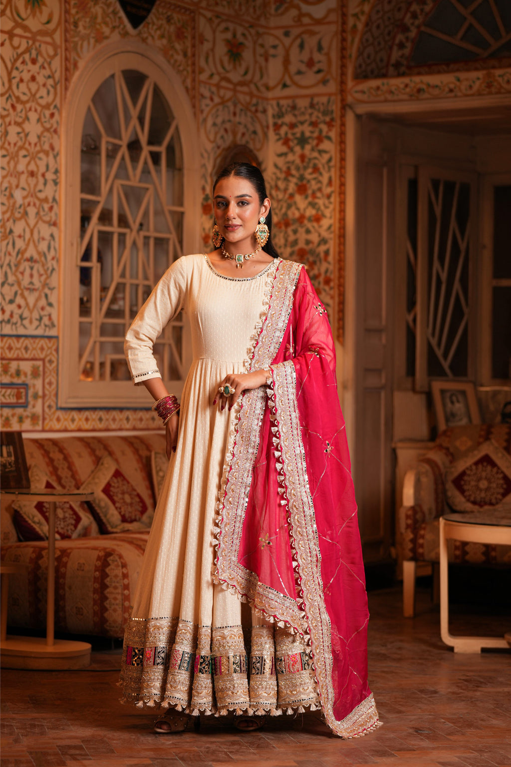 Gulab-e-Zar – Rose Pink Dupatta & Ivory Anarkali Suit Set