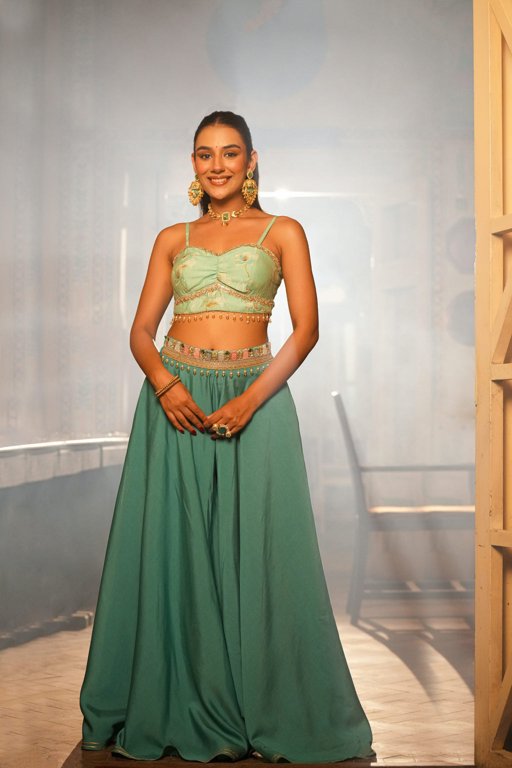 Neelanjali – Mint Green & Marigold Crop Top Shrug Suit Set