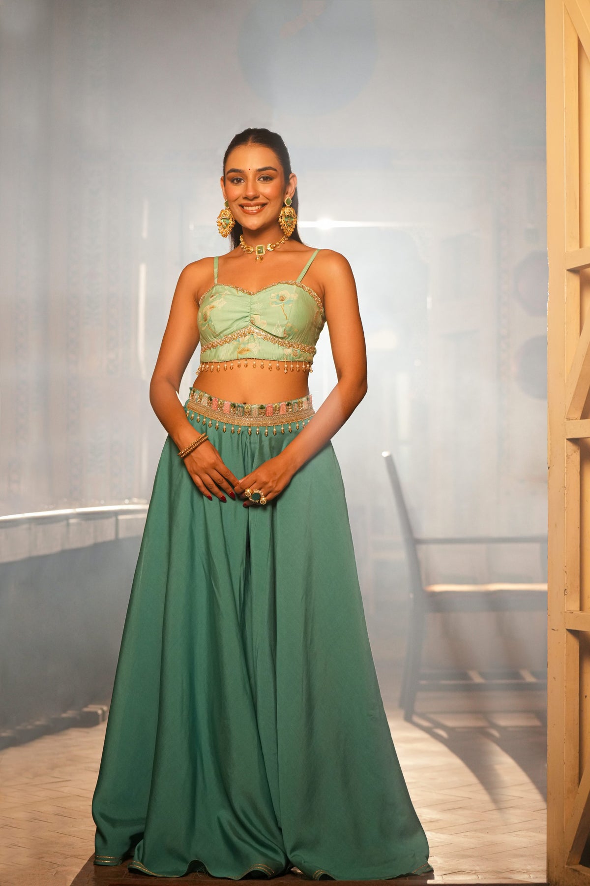 Neelanjali – Mint Green & Marigold Crop Top Shrug Suit Set