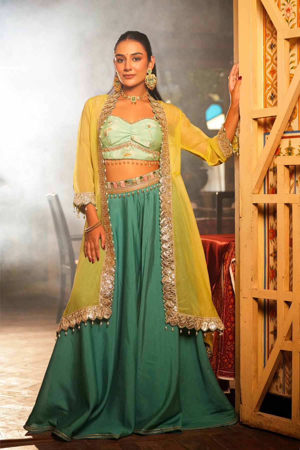 Neelanjali – Mint Green & Marigold Crop Top Shrug Suit Set