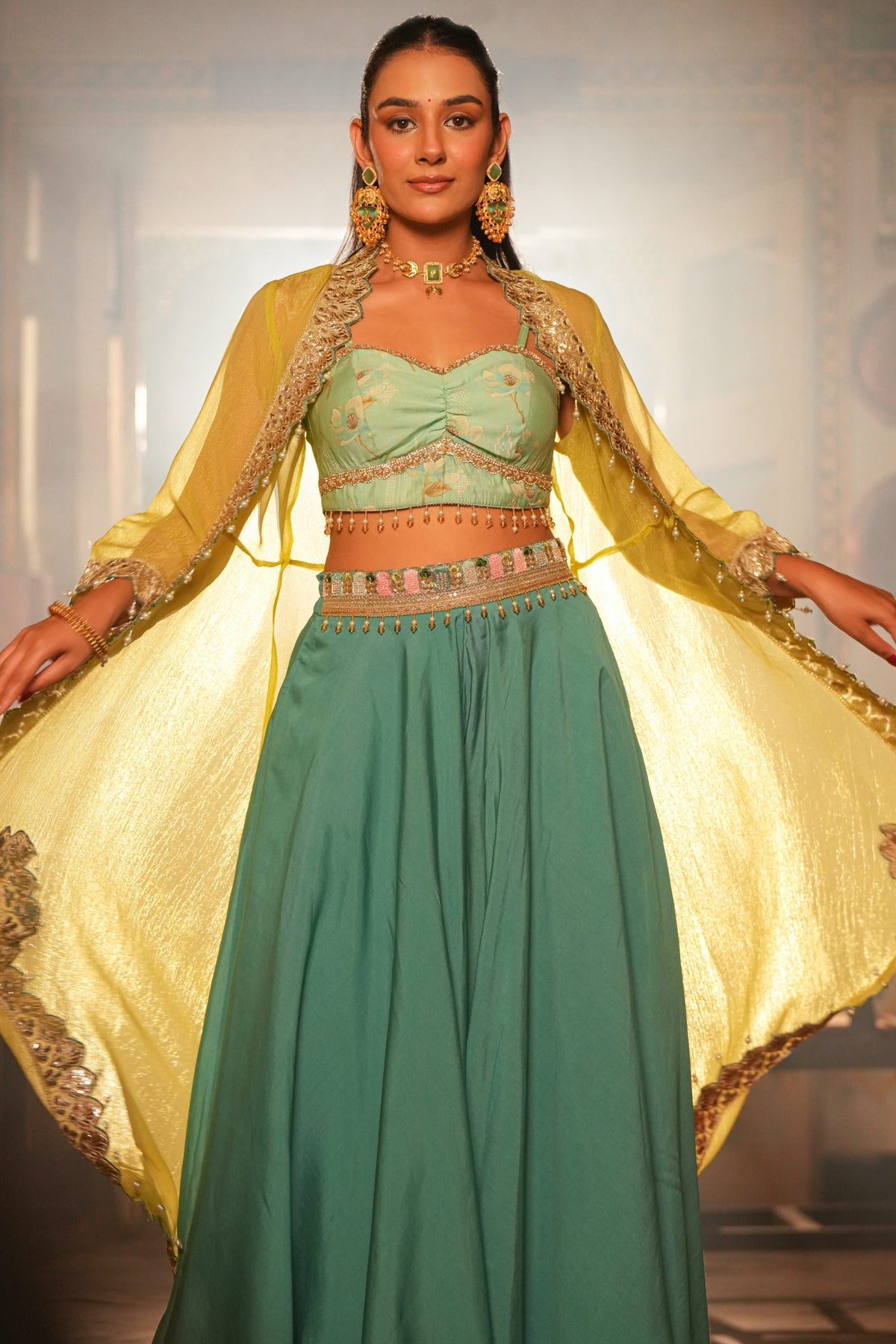 Neelanjali – Mint Green & Marigold Crop Top Shrug Suit Set