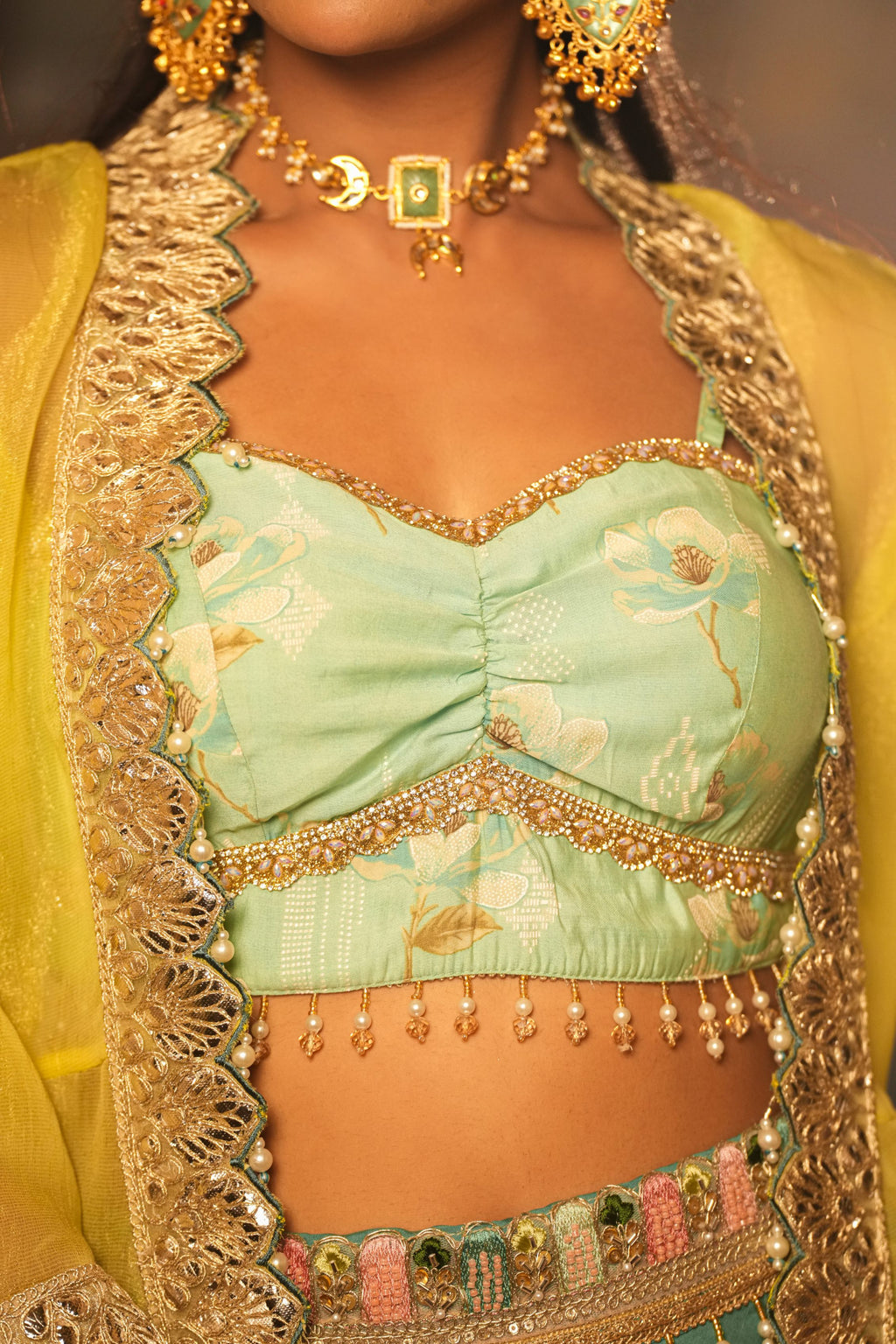 Neelanjali – Mint Green & Marigold Crop Top Shrug Suit Set