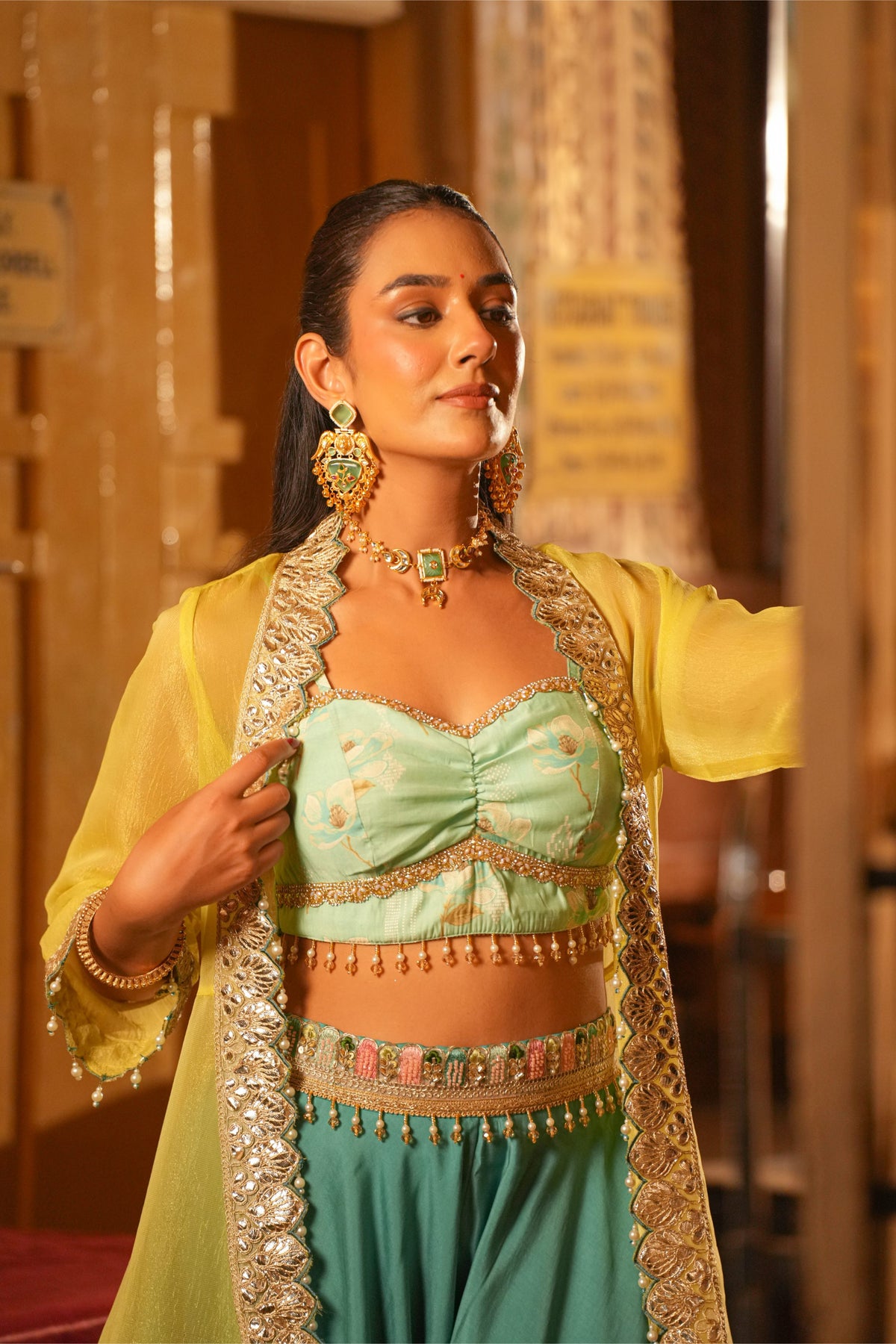 Neelanjali – Mint Green & Marigold Crop Top Shrug Suit Set