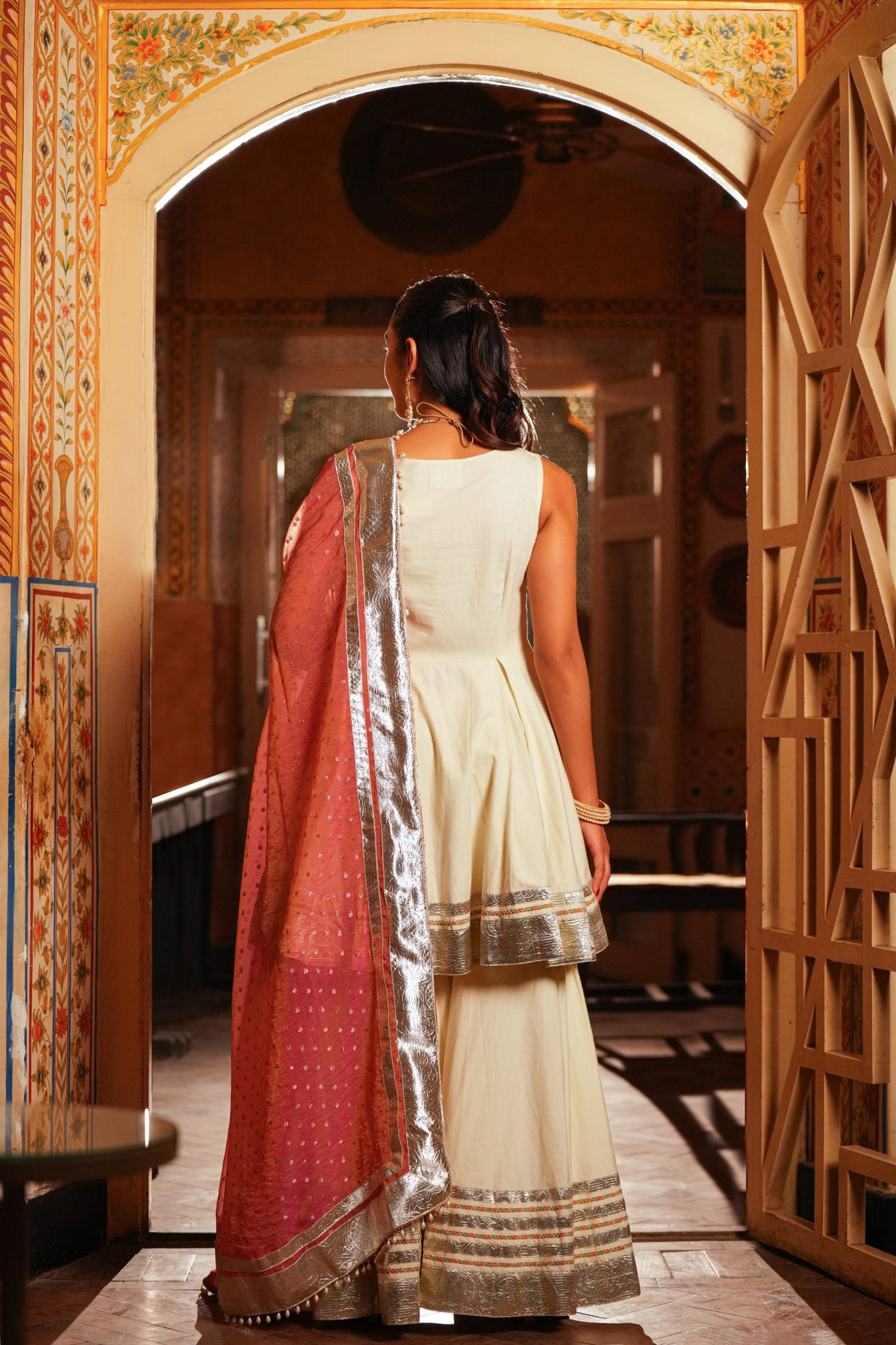Sitara Gul – Ivory & Coral Pink Sharara Suit Set