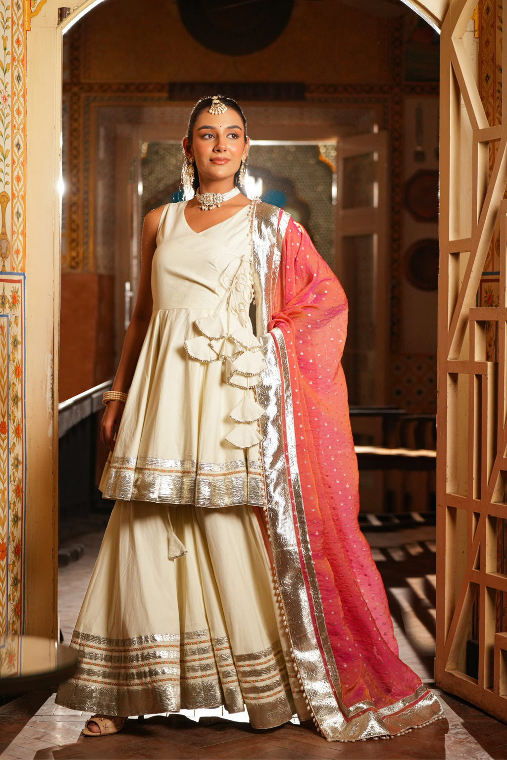 Sitara Gul – Ivory & Coral Pink Sharara Suit Set