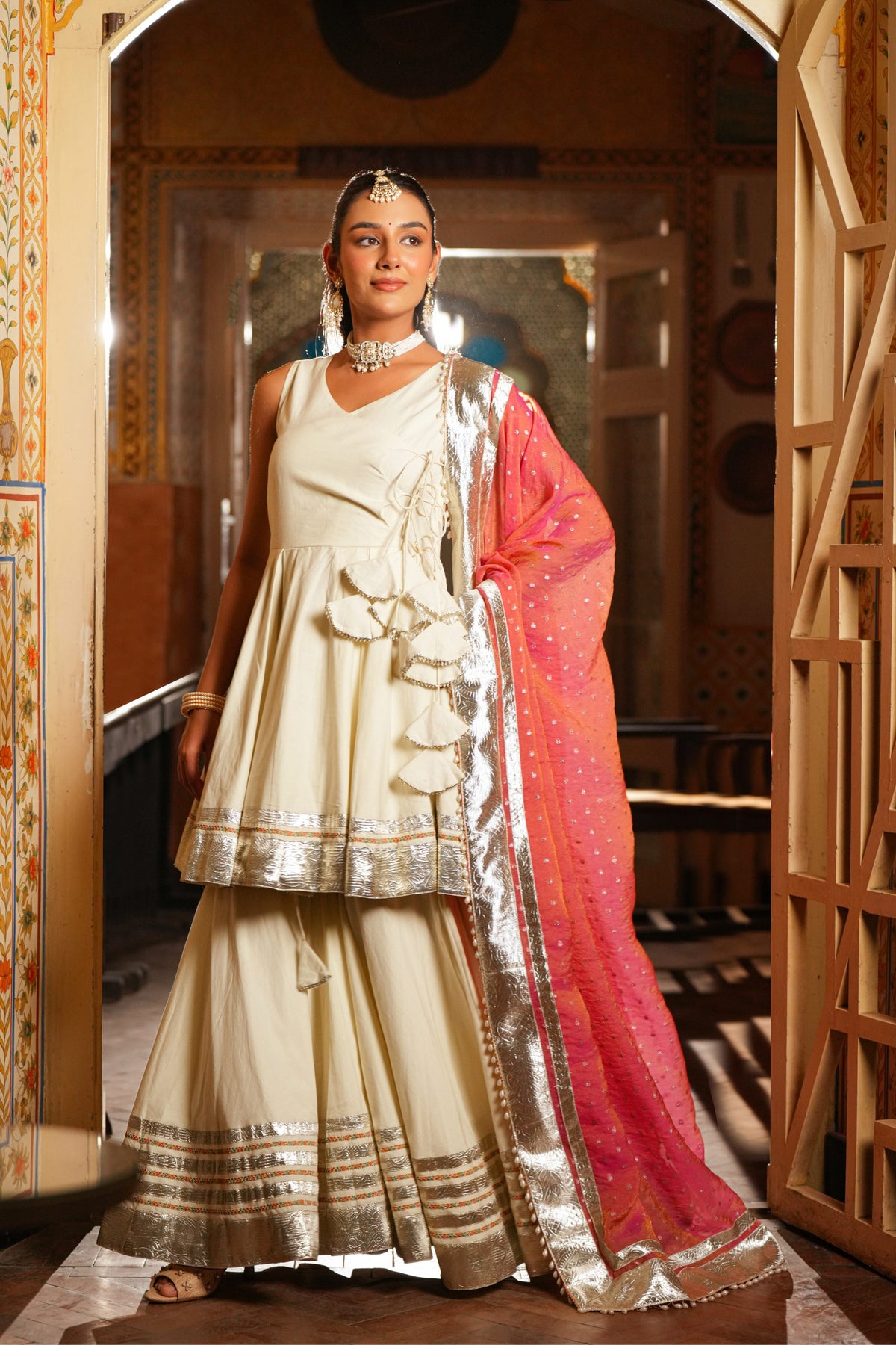 Sitara Gul – Ivory & Coral Pink Sharara Suit Set