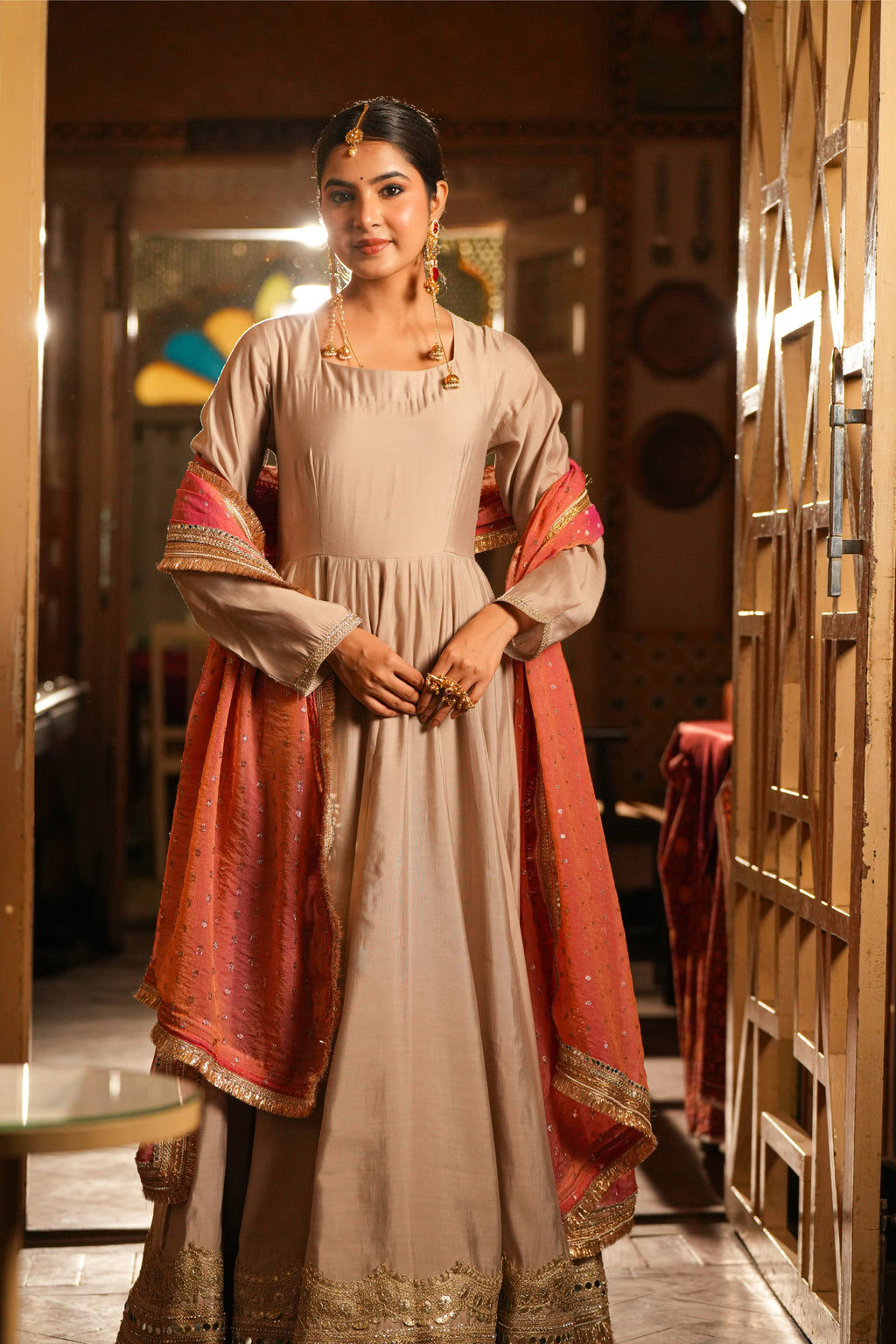 Meher-e-Gul – Blush Pink Dupatta & Champagne Anarkali Suit Set