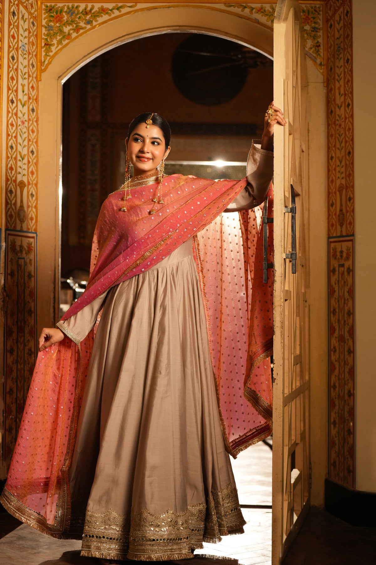 Meher-e-Gul – Blush Pink Dupatta & Champagne Anarkali Suit Set
