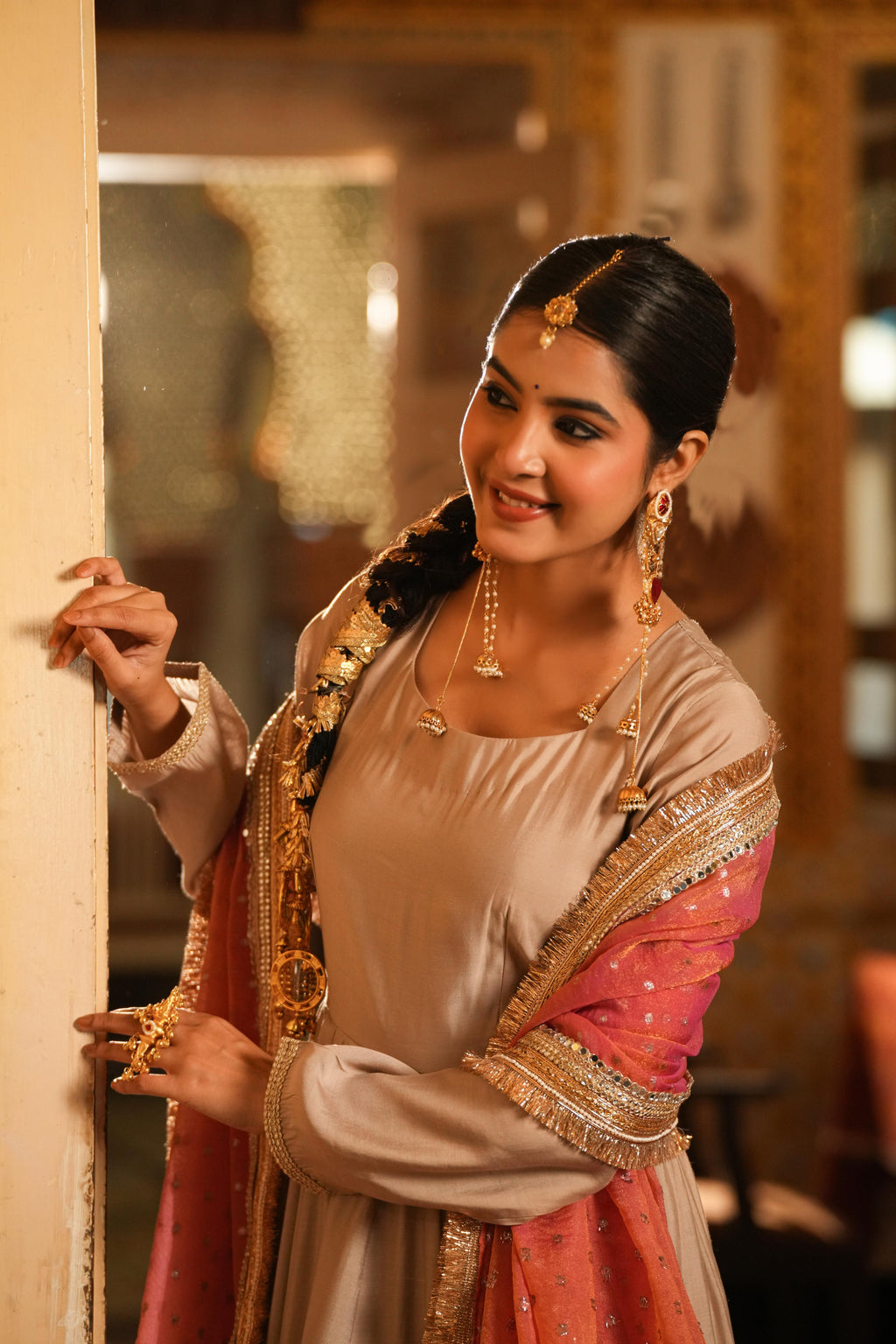 Meher-e-Gul – Blush Pink Dupatta & Champagne Anarkali Suit Set