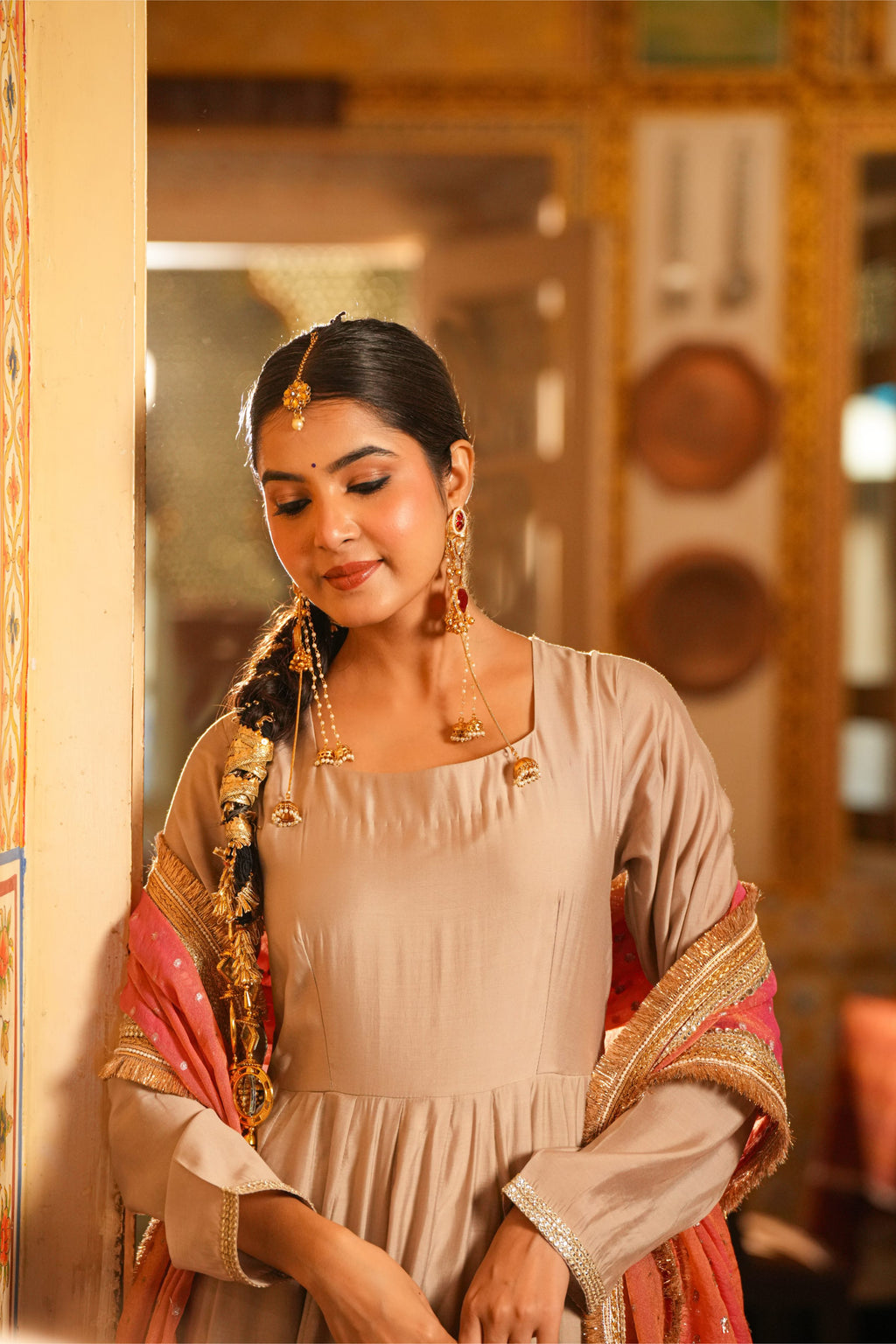Meher-e-Gul – Blush Pink Dupatta & Champagne Anarkali Suit Set