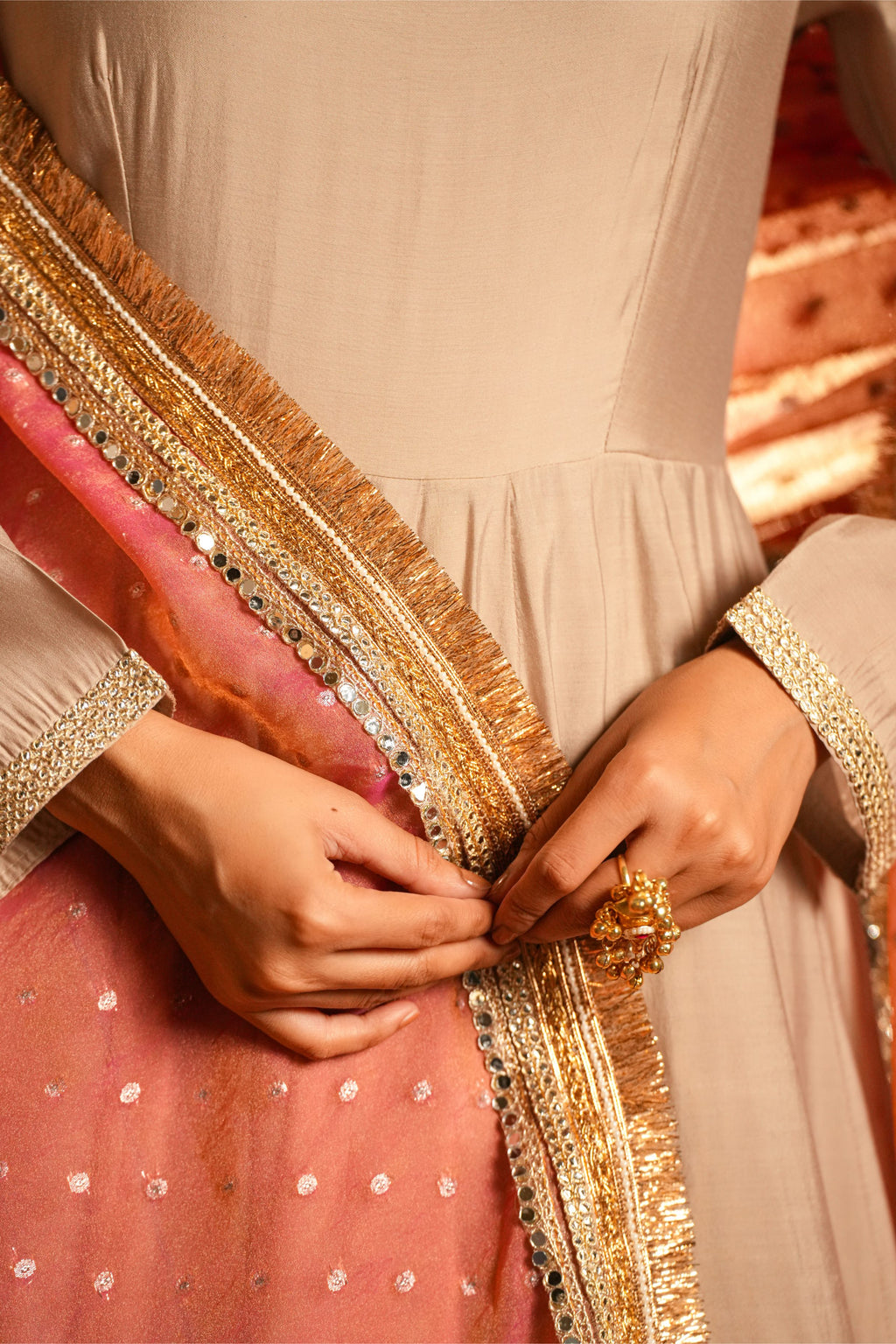 Meher-e-Gul – Blush Pink Dupatta & Champagne Anarkali Suit Set