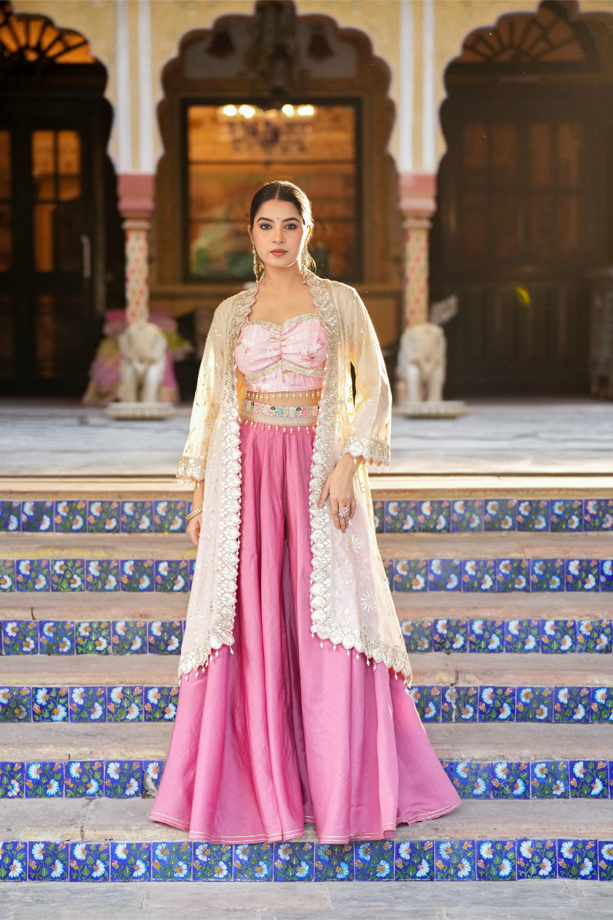 Gulabika – Blush Pink Crop Top & Ivory Embroidered Shrug Set