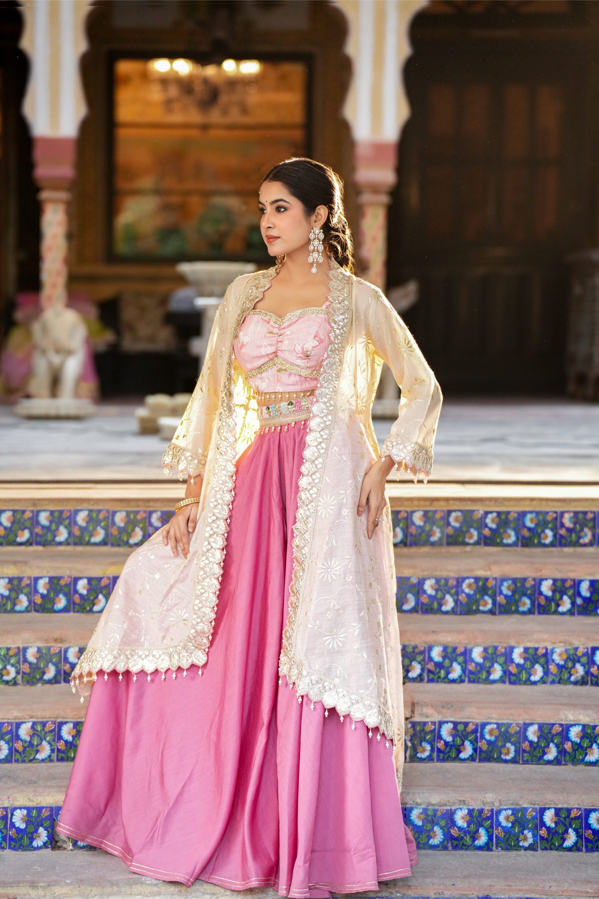 Gulabika – Blush Pink Crop Top & Ivory Embroidered Shrug Set