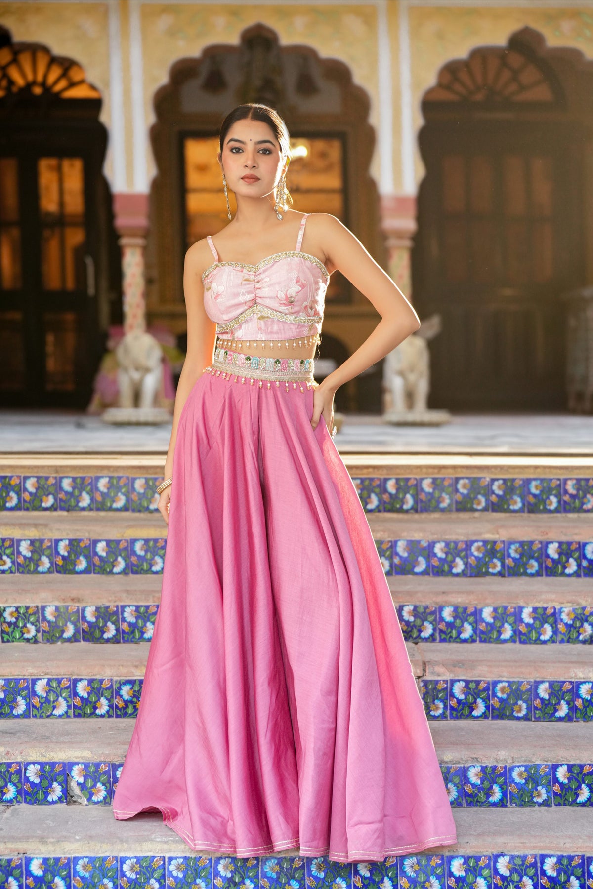 Gulabika – Blush Pink Crop Top & Ivory Embroidered Shrug Set