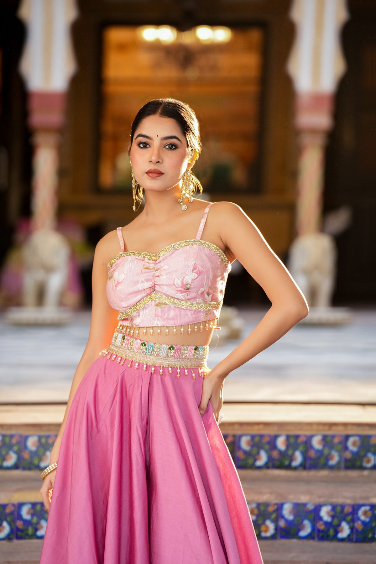 Gulabika – Blush Pink Crop Top & Ivory Embroidered Shrug Set