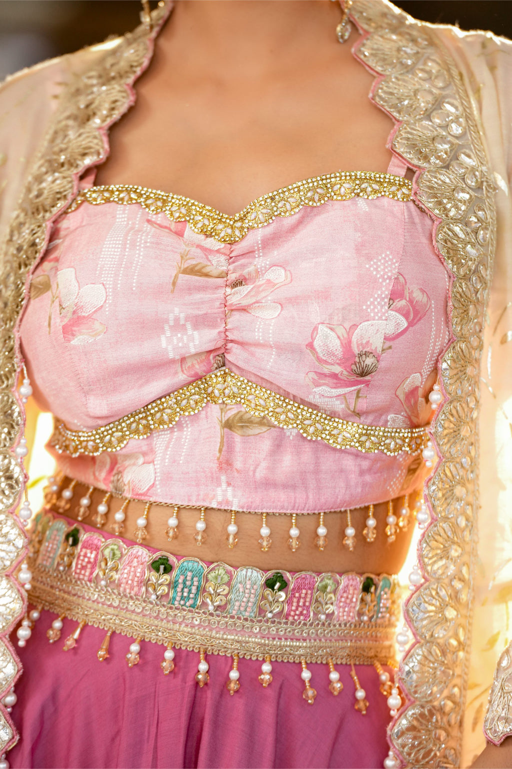 Gulabika – Blush Pink Crop Top & Ivory Embroidered Shrug Set