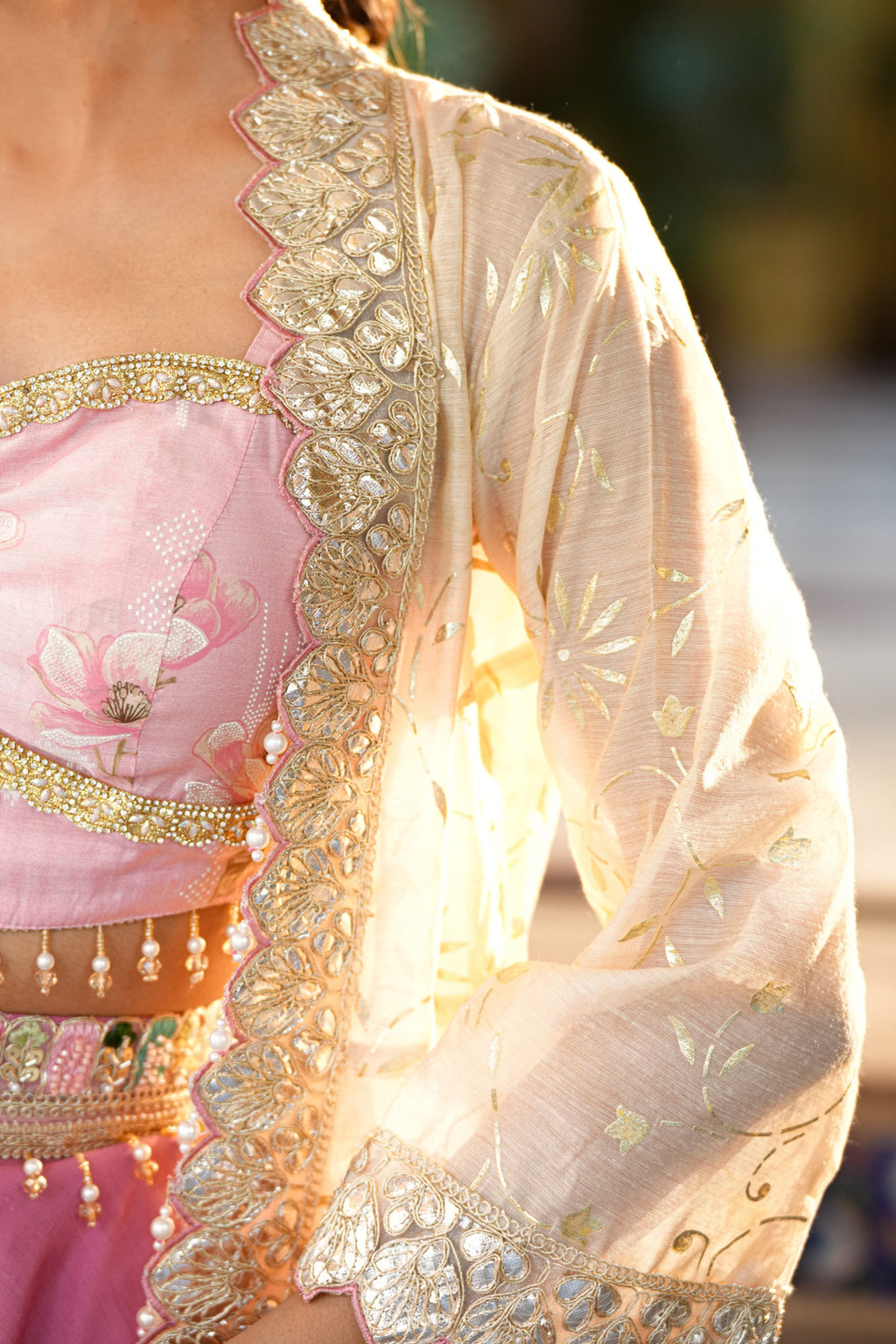 Gulabika – Blush Pink Crop Top & Ivory Embroidered Shrug Set